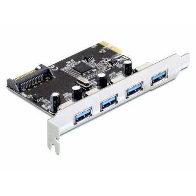 Carte PCIe avec quatre ports USB 3.0 bleus, reliant des appareils à un ordinateur, présentant des détails techniques et un circuit imprimé sur une carte mère noire.
