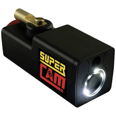 Un appareil noir et rectangulaire portant l'inscription 'Super Cam' s'illumine sur sa face avant, probablement une caméra avec un éclairage LED.