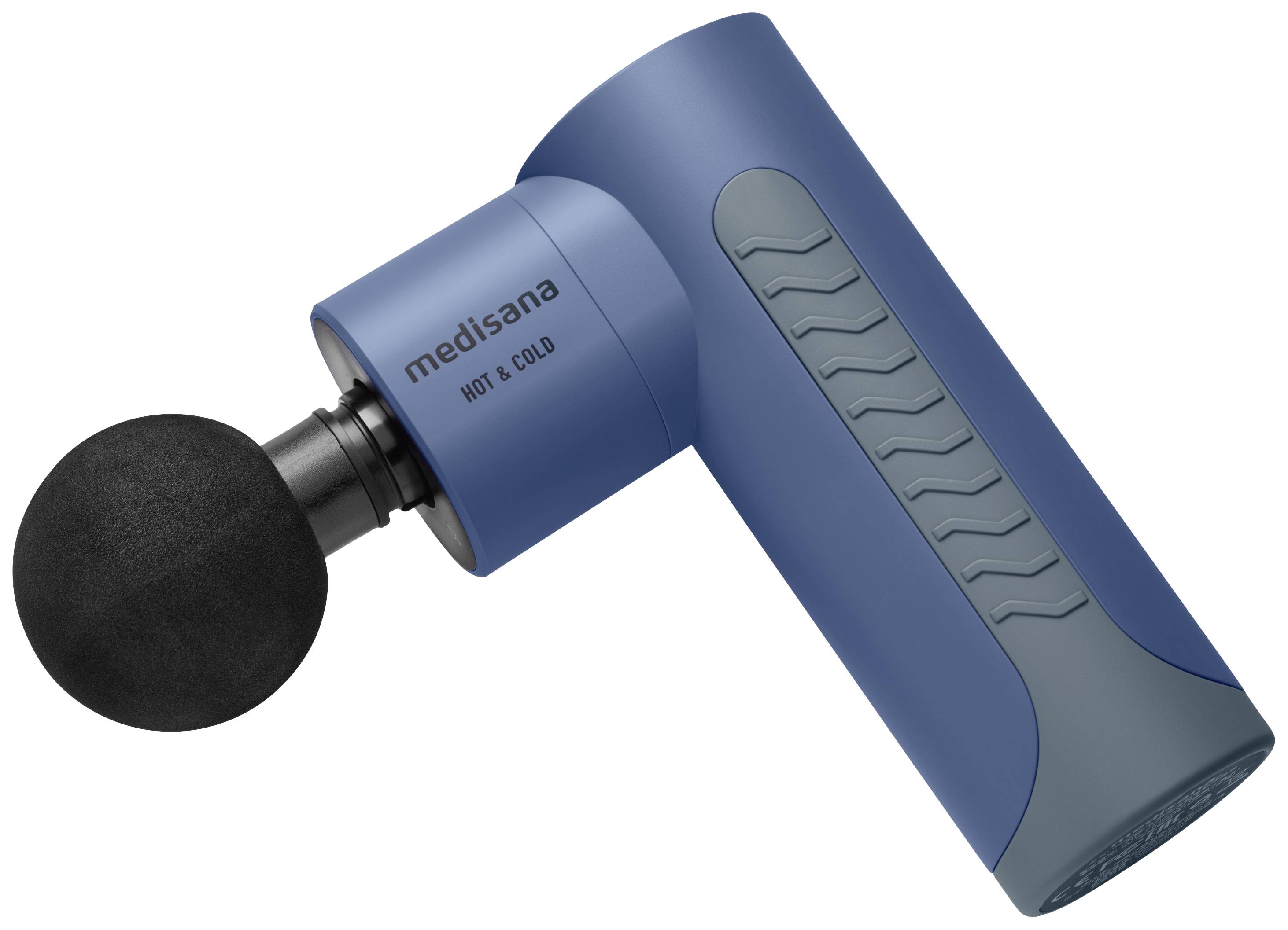 Pistolet de massage par vibration bleu avec poignée grise pour la relaxation musculaire, marque 'medisana', doté de fonctions de chaleur et de froid.