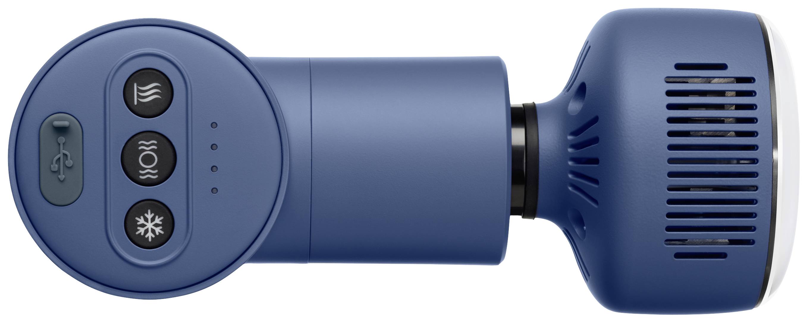 Sèche-mains avec surface bleue et trois boutons de commande pour différents modes : air chaud, air froid et mode turbo.