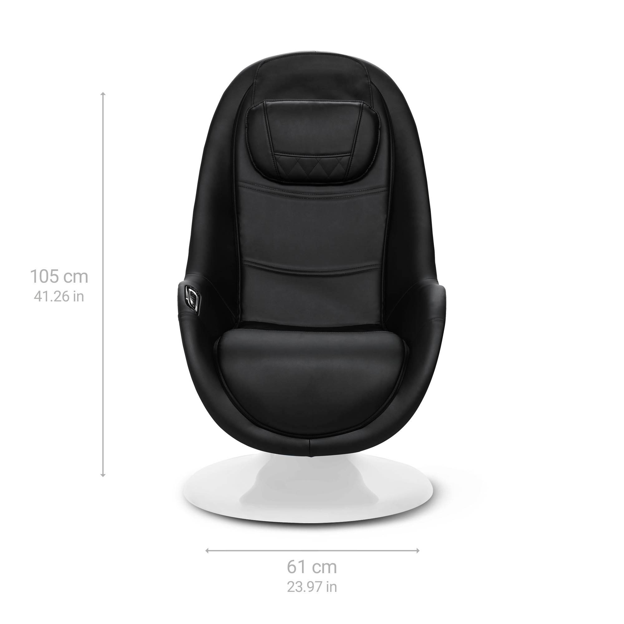 Une chaise de bureau pivotante noire ergonomique avec un siège et un dossier rembourrés, reposant sur un socle blanc. Dimensions : 105 cm de hauteur, 61 cm de largeur.