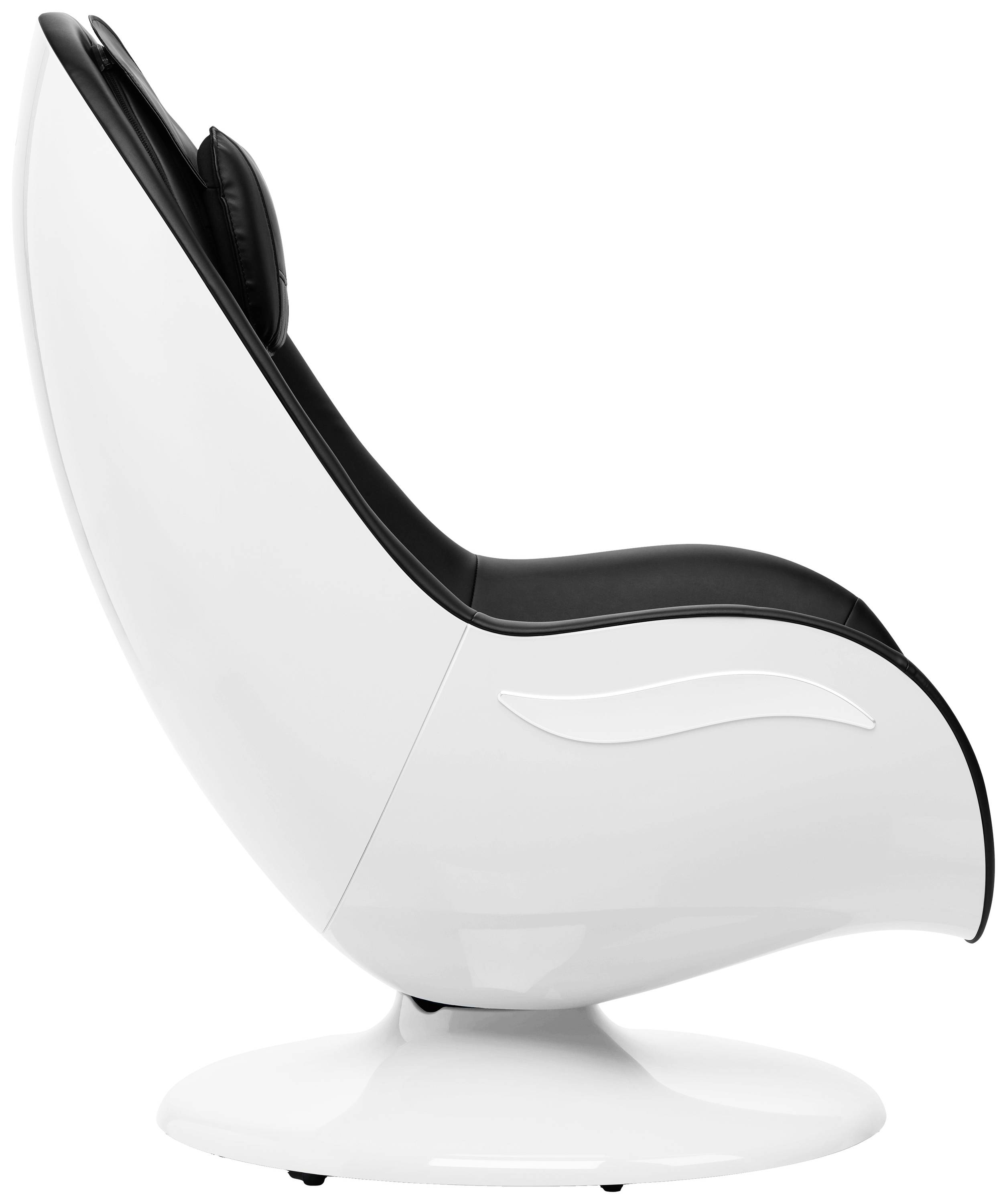 Une chaise moderne blanche avec un revêtement noir, vue de côté, reposant sur un socle rond.