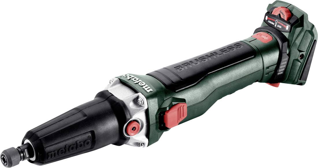 Meuleuse d'angle Metabo sans fil avec corps vert et noir, commandes rouges et un protège-disque, présentée sur un fond blanc.