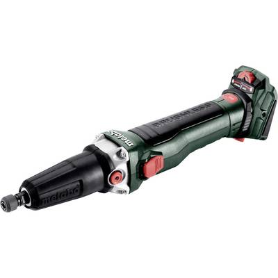Meuleuse d'angle Metabo sans fil avec corps vert et noir, commandes rouges et un protège-disque, présentée sur un fond blanc.