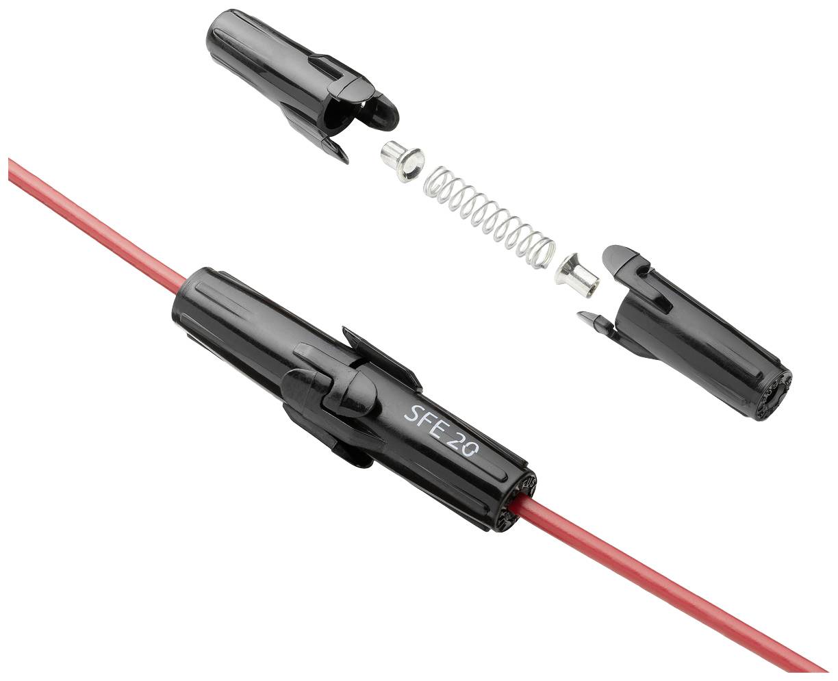 Figure montre un porte-fusible démonté avec un câble rouge. Les composants sont le support, le ressort et la vis. Texte : 'SFE 20'.