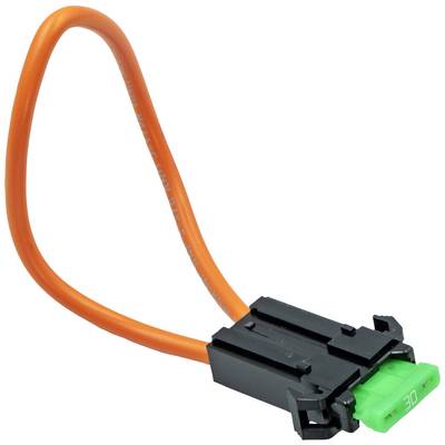 Un câble orange avec un connecteur noir et un insert vert, probablement un élément de connexion électrique.