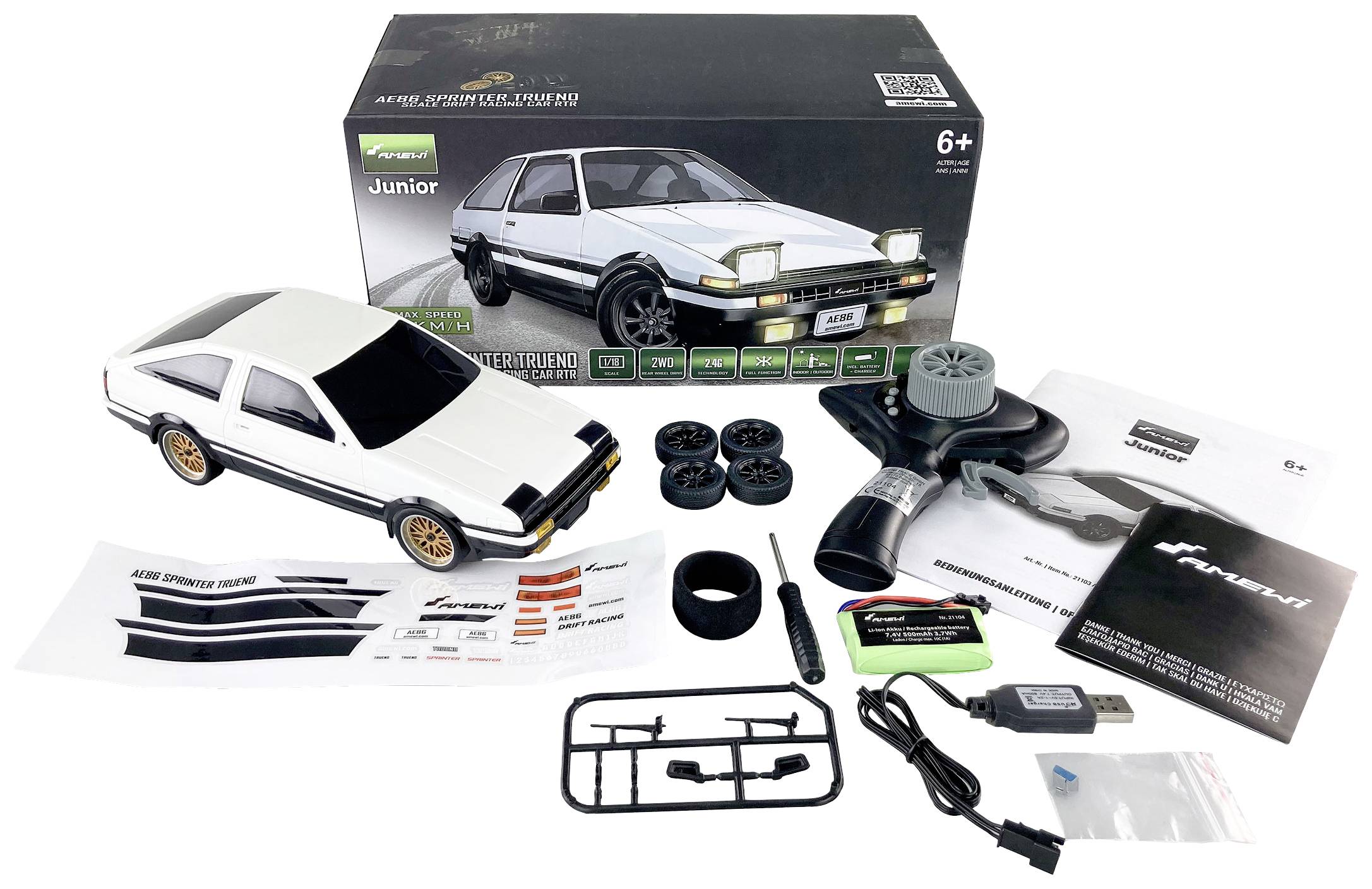 'Kit de modélisme automobile d'une voiture de sport blanche avec pièces, instructions et emballage pour enfants à partir de 6 ans.'