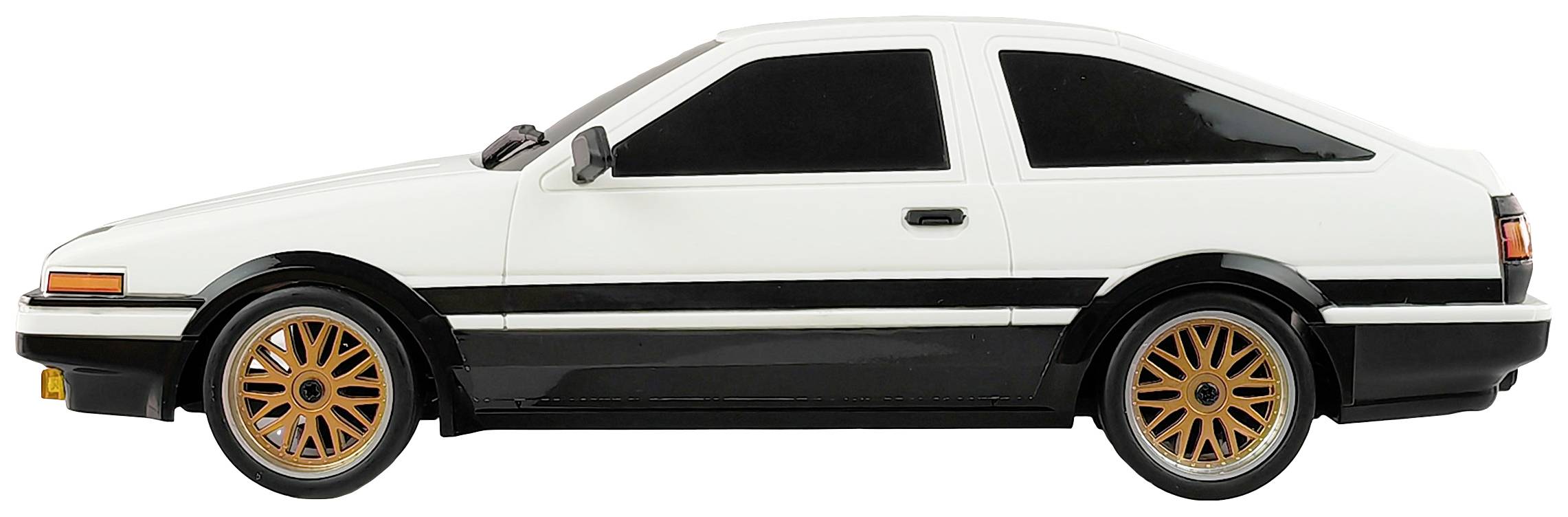 Une voiture miniature en noir et blanc, vue de profil, avec des jantes orange, représentant un design automobile sportif et rétro.