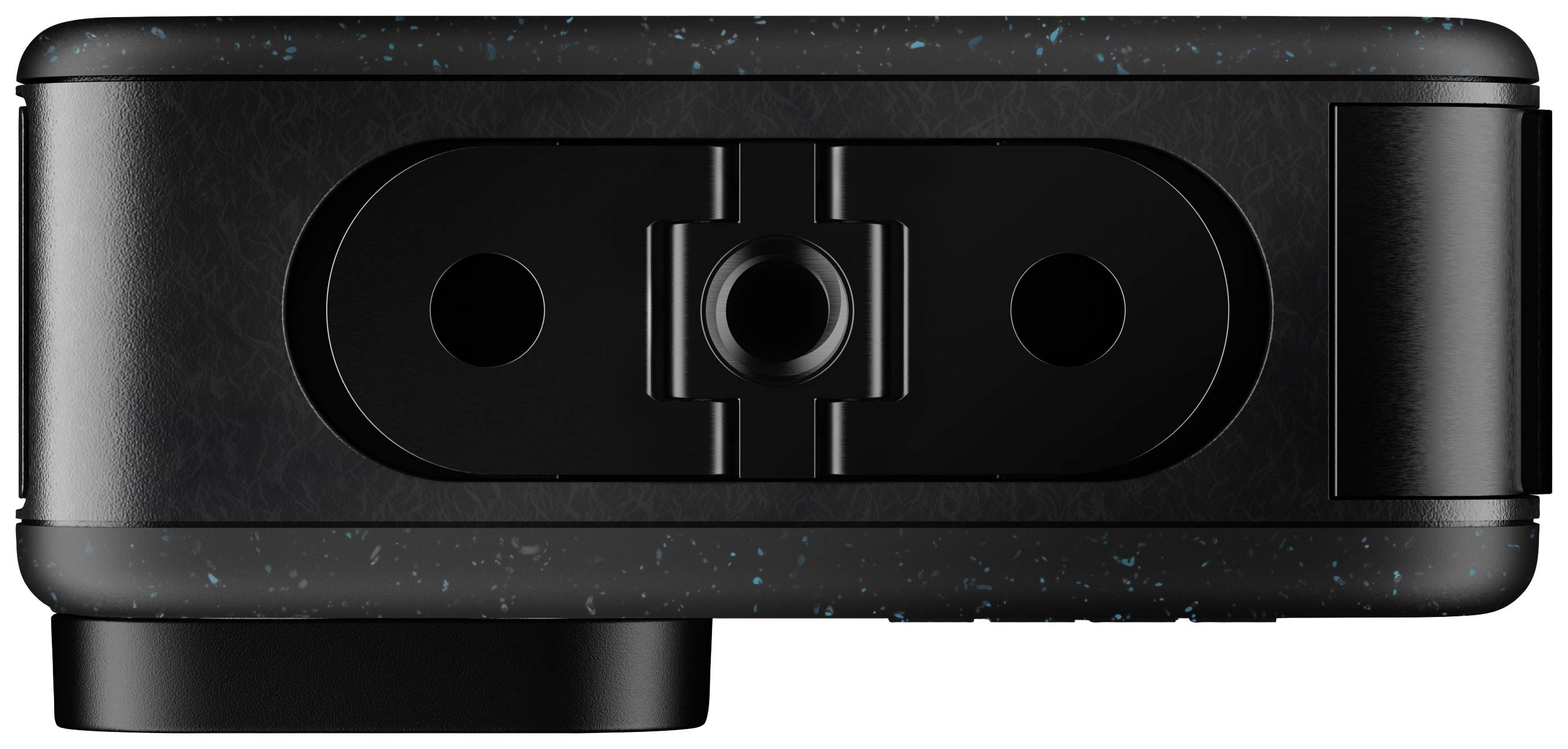 Un appareil électronique rectangulaire noir avec deux ouvertures latérales et un point de connexion central sur la face avant.