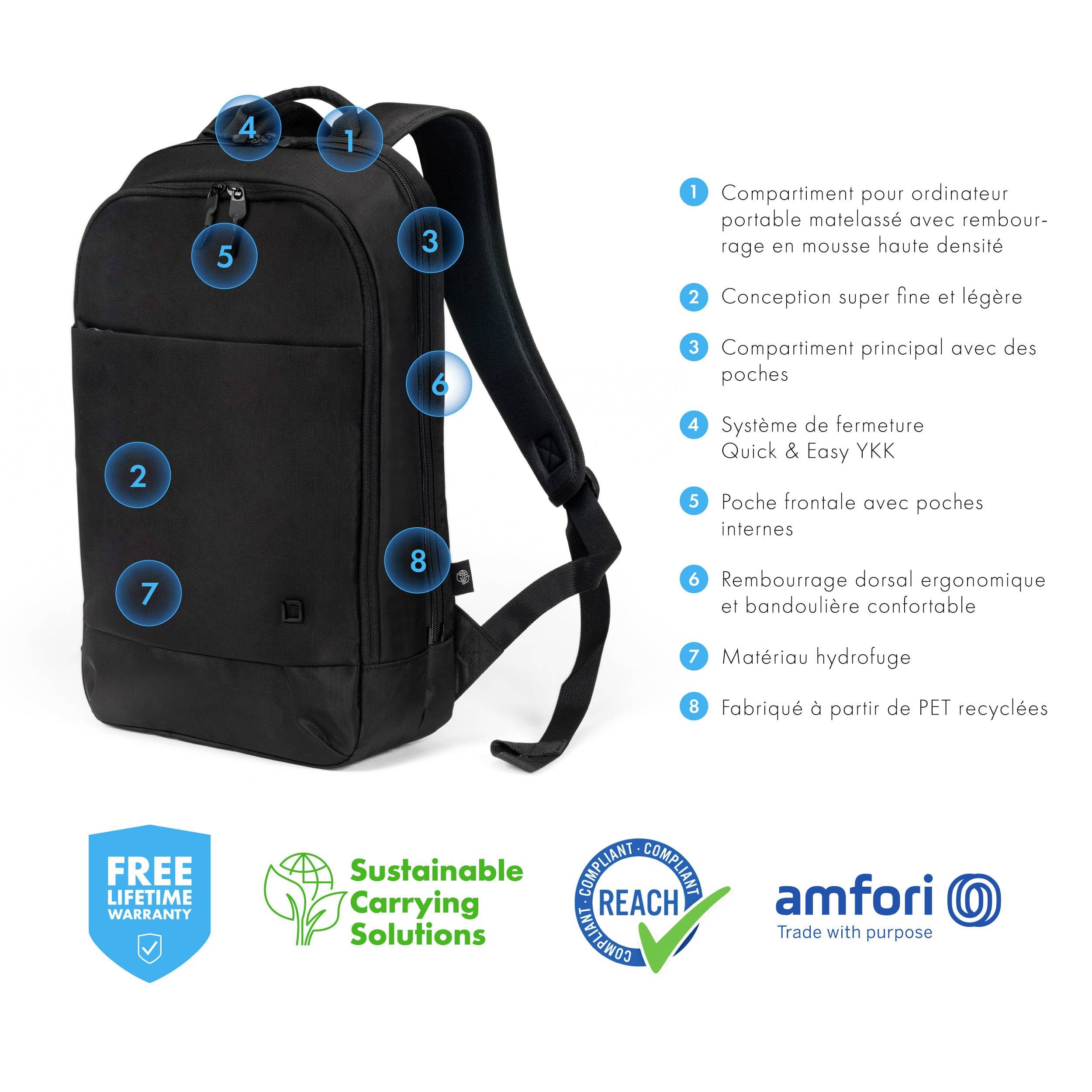 Un sac à dos noir avec des marquages bleus présente les caractéristiques suivantes : compartiment rembourré pour ordinateur portable, design léger, système de verrouillage Quick & Easy, résistant à l'eau et fabriqué à partir de PET recyclé.