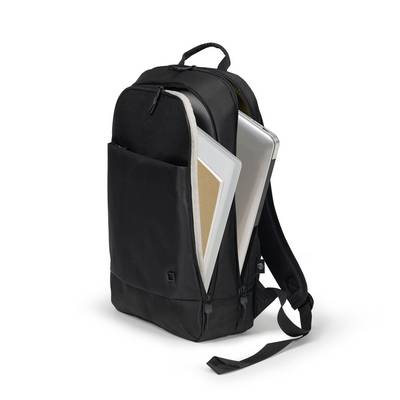 Sac à dos noir avec deux ordinateurs portables dans différents compartiments. Le sac à dos dispose de sangles d'épaules rembourrées et d'une poignée de transport.