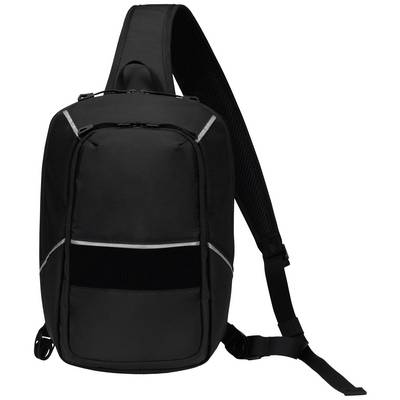 Sac à dos noir à bandoulière unique, doté de plusieurs fermetures éclair et de bandes réfléchissantes, idéal pour un usage quotidien ou lors de voyages.