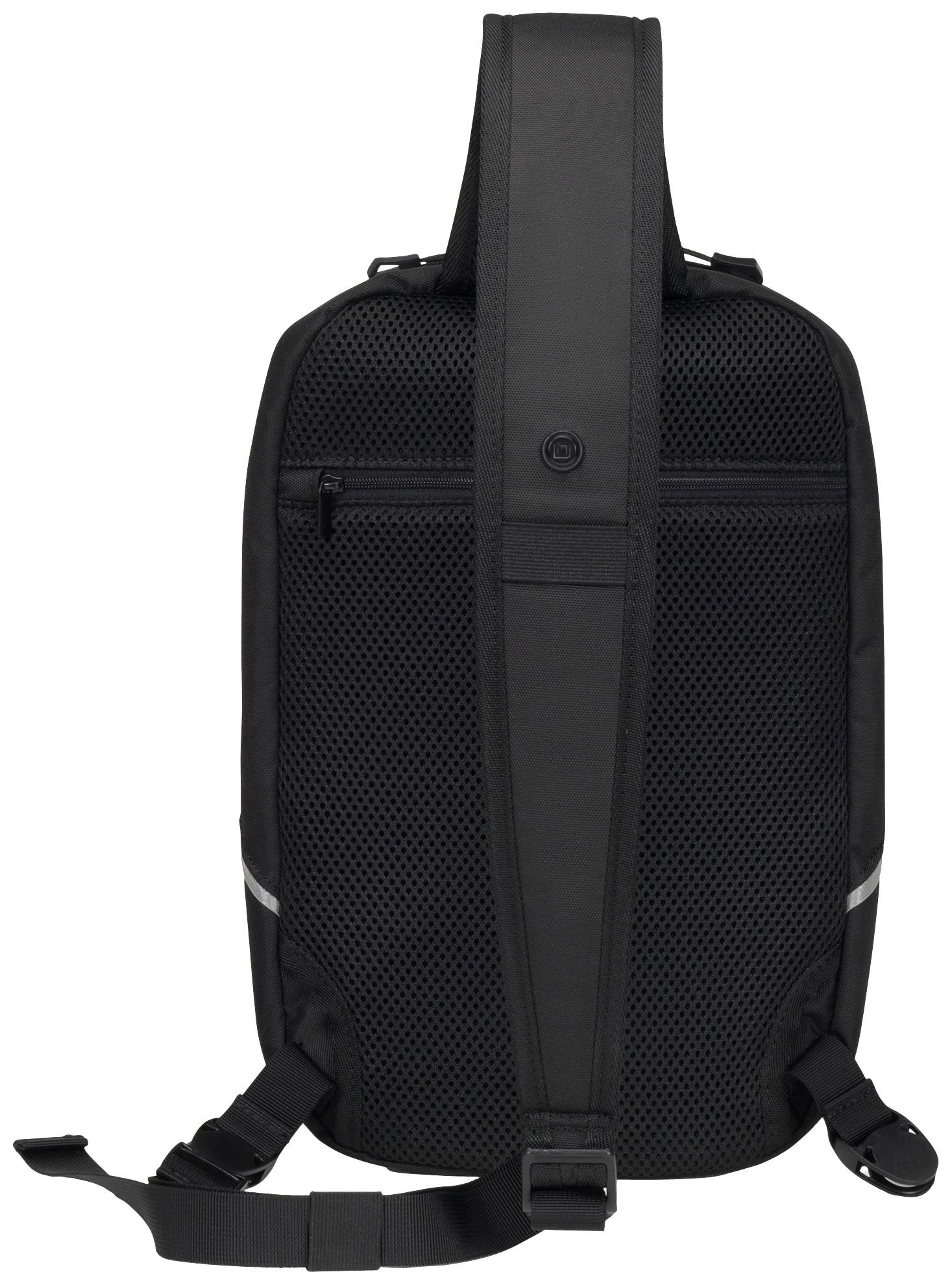 Sac à dos noir à bandoulière unique, montrant l'arrière rembourré et la sangle réglable pour un port confortable.