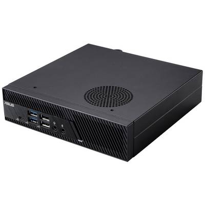 Un mini-PC compact noir avec plusieurs ports USB et entrées audio à l'avant.