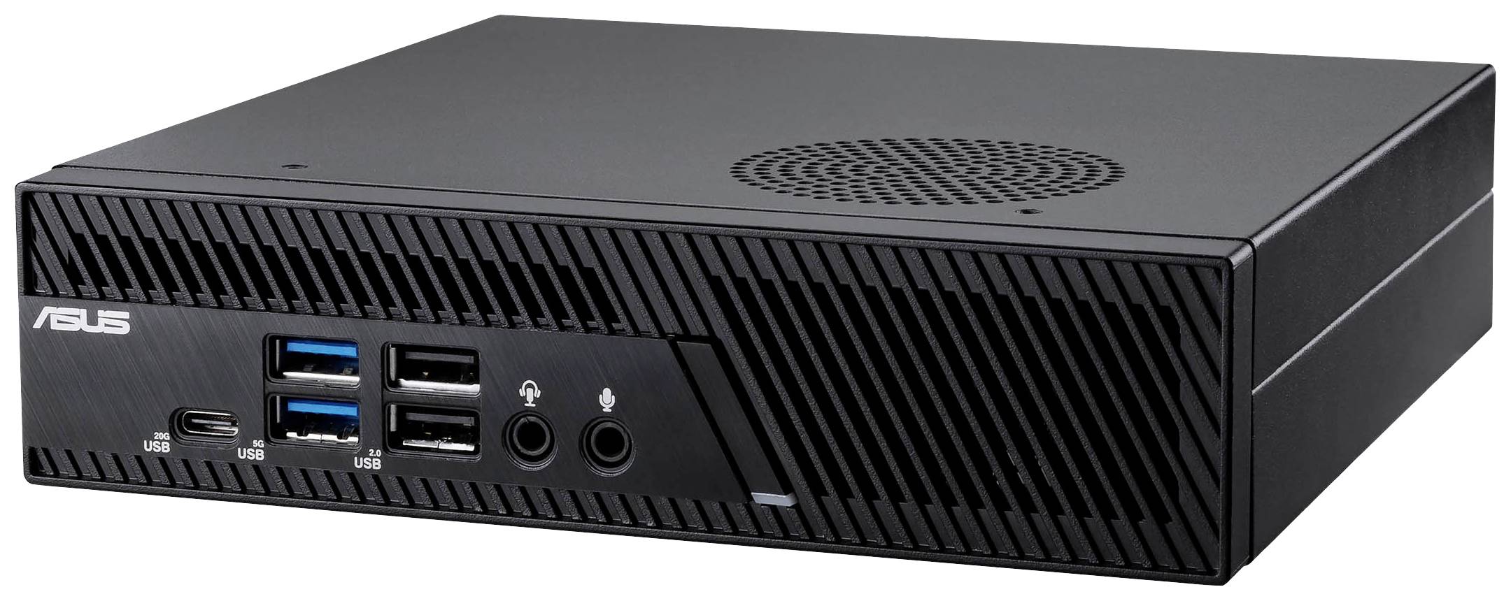 Un ordinateur compact noir avec plusieurs ports USB, des connexions audio et une grille de ventilation sur le dessus.