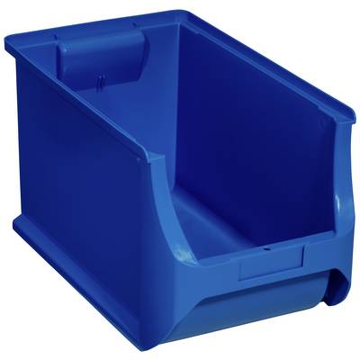 Un récipient en plastique bleu avec l'avant ouvert, adapté au rangement et à l'organisation de petits objets.