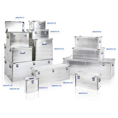 Boîtes de rangement en aluminium de différentes tailles, chacune étiquetée avec « INDUSTRY » et un numéro, empilées ou placées côte à côte.