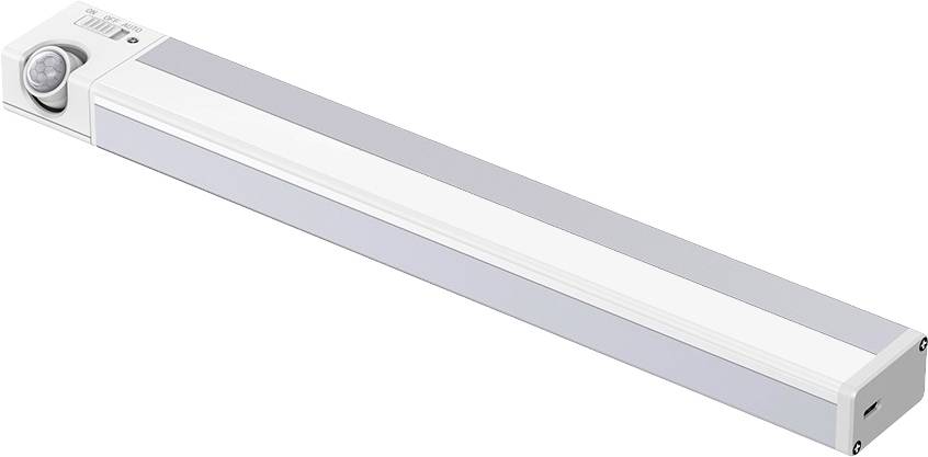 Lampe LED avec détecteur de mouvement, forme rectangulaire, design argent et blanc, adaptée aux placards ou aux zones sombres.