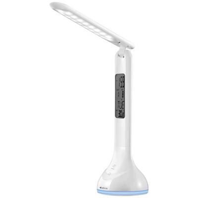 Une lampe de bureau blanche à LED avec un écran numérique affichant l'heure, la date et la température. La lampe dispose d'un col flexible.