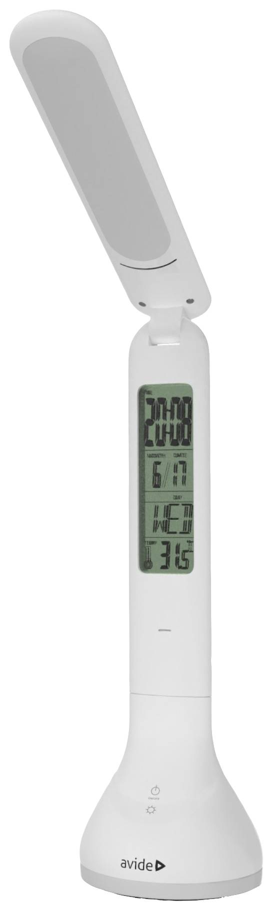 Lampe de bureau blanche à LED avec affichage numérique, indiquant l'heure, la date, le jour de la semaine et la température.