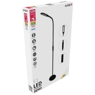 Emballage d'un lampadaire LED d'Avide avec 500 lumens et 9W. Comprend une télécommande et une couleur de lumière ajustable à 3000K.