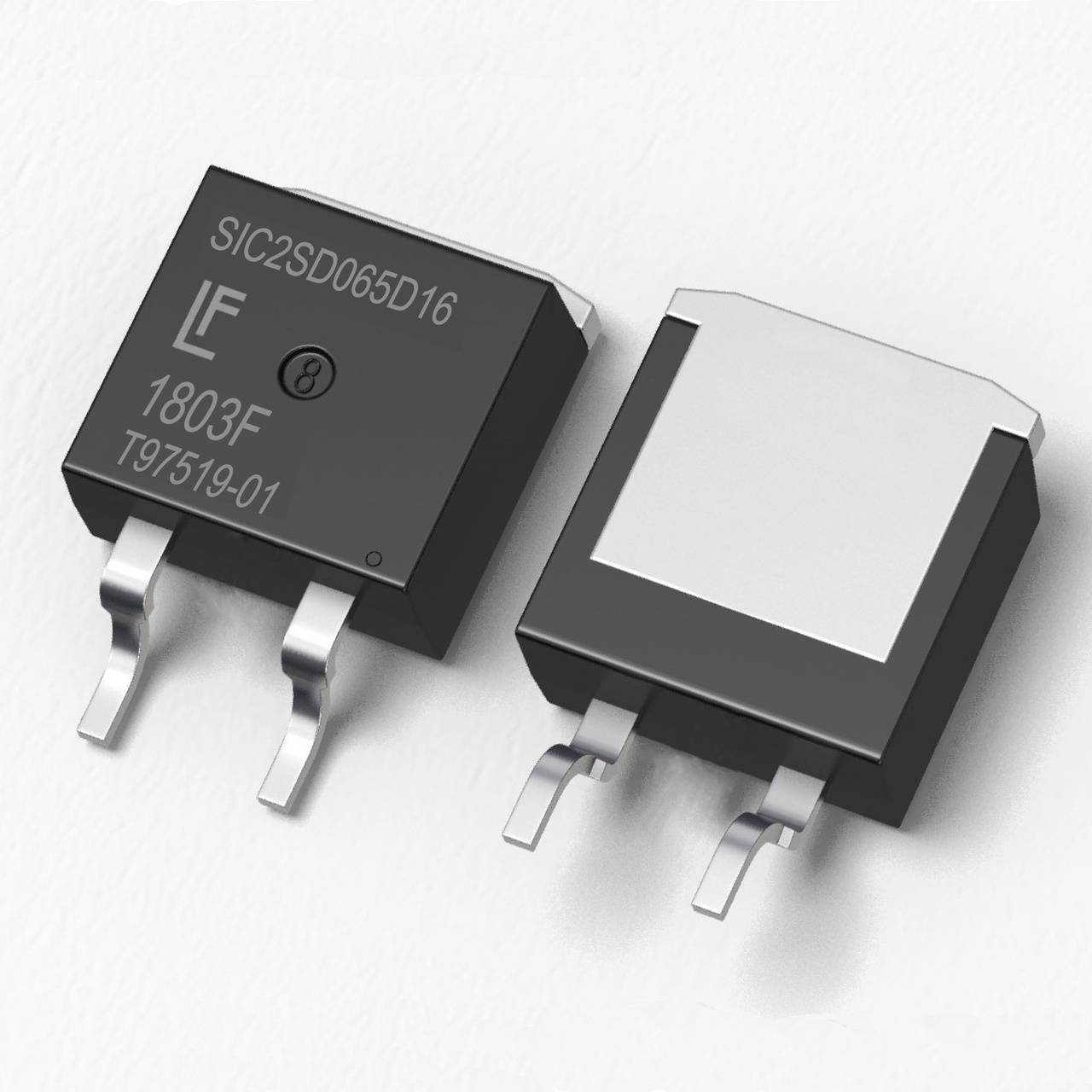 Composants électroniques noir et gris avec des broches métalliques. Les deux portent l'inscription 'SIC2SD065D16' et '1803F T97519-01'.