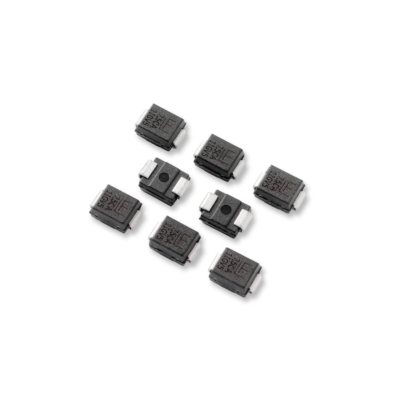 Huit diodes noires avec étiquetage imprimé, disposées uniformément sur un fond blanc, montrent leur forme rectangulaire.