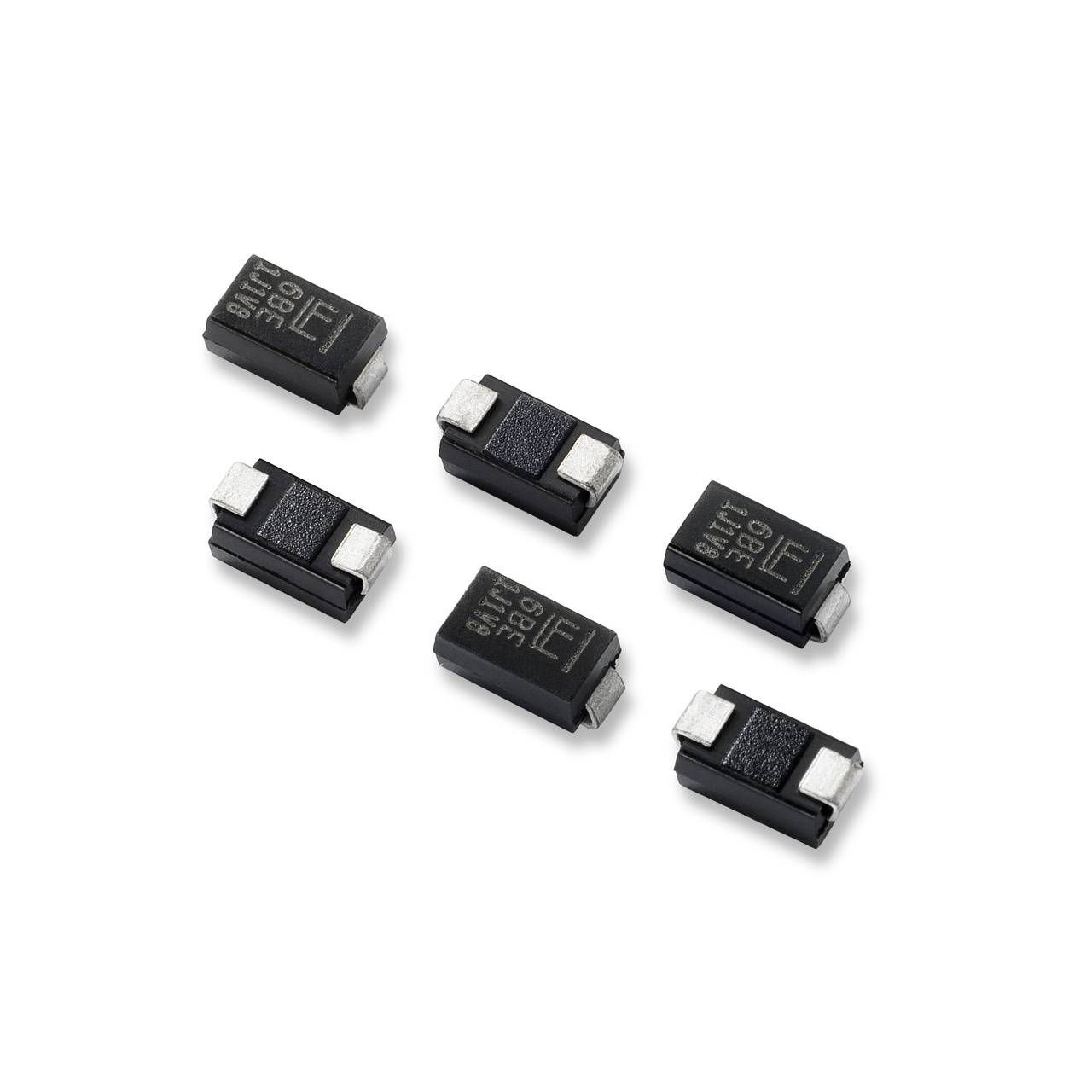 Six diodes CMS noires sur fond blanc, chacune portant l'inscription « SMT 36G R ».