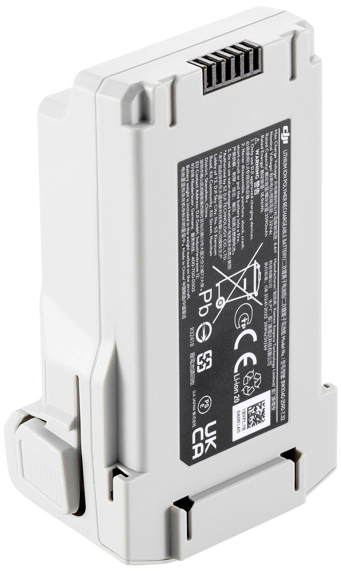 Une batterie de drone grise avec des étiquettes et des symboles noirs indiquant une élimination incorrecte.