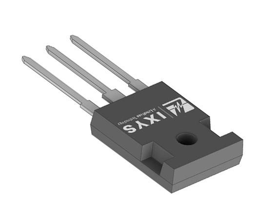 Un transistor de puissance noir à trois pattes métalliques, portant le logo et le nom du fabricant.