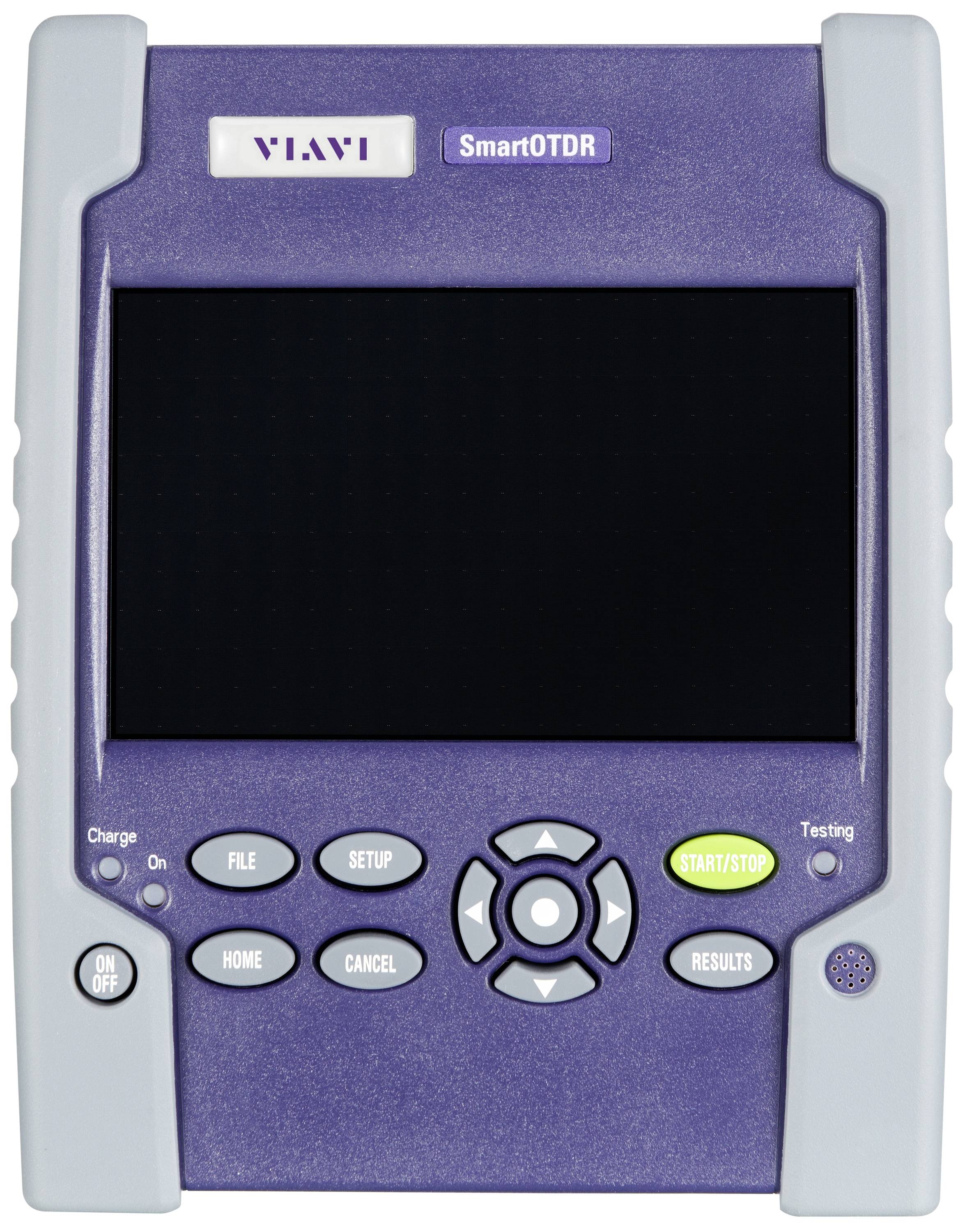 Un appareil violet, probablement un instrument de mesure, avec un écran et plusieurs boutons. En haut est inscrit 'SmartOTDR'.