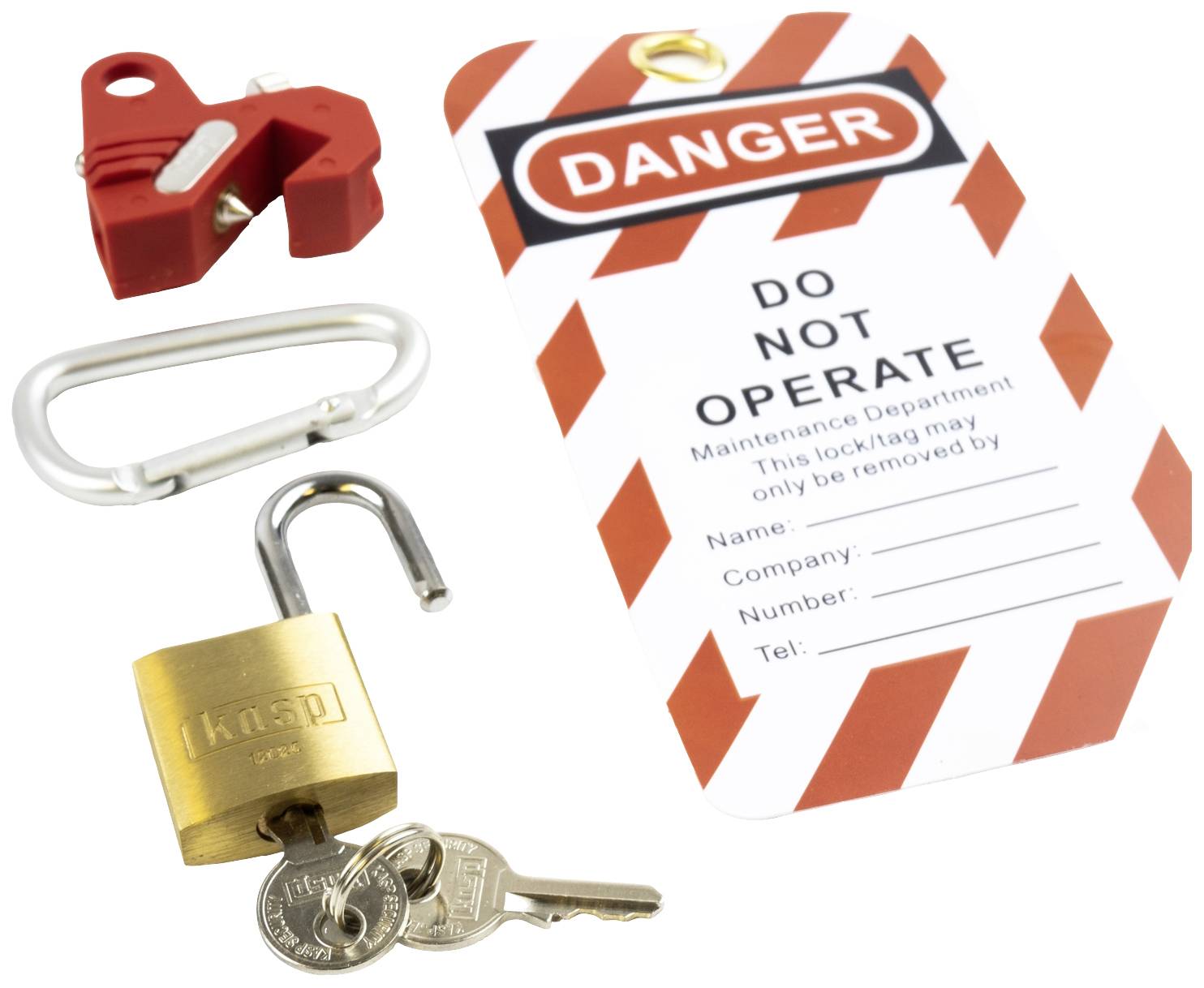 Panneau "Danger, ne pas actionner" avec un cadenas ouvert et sa clé, un obturateur de vanne rouge et un mousqueton.