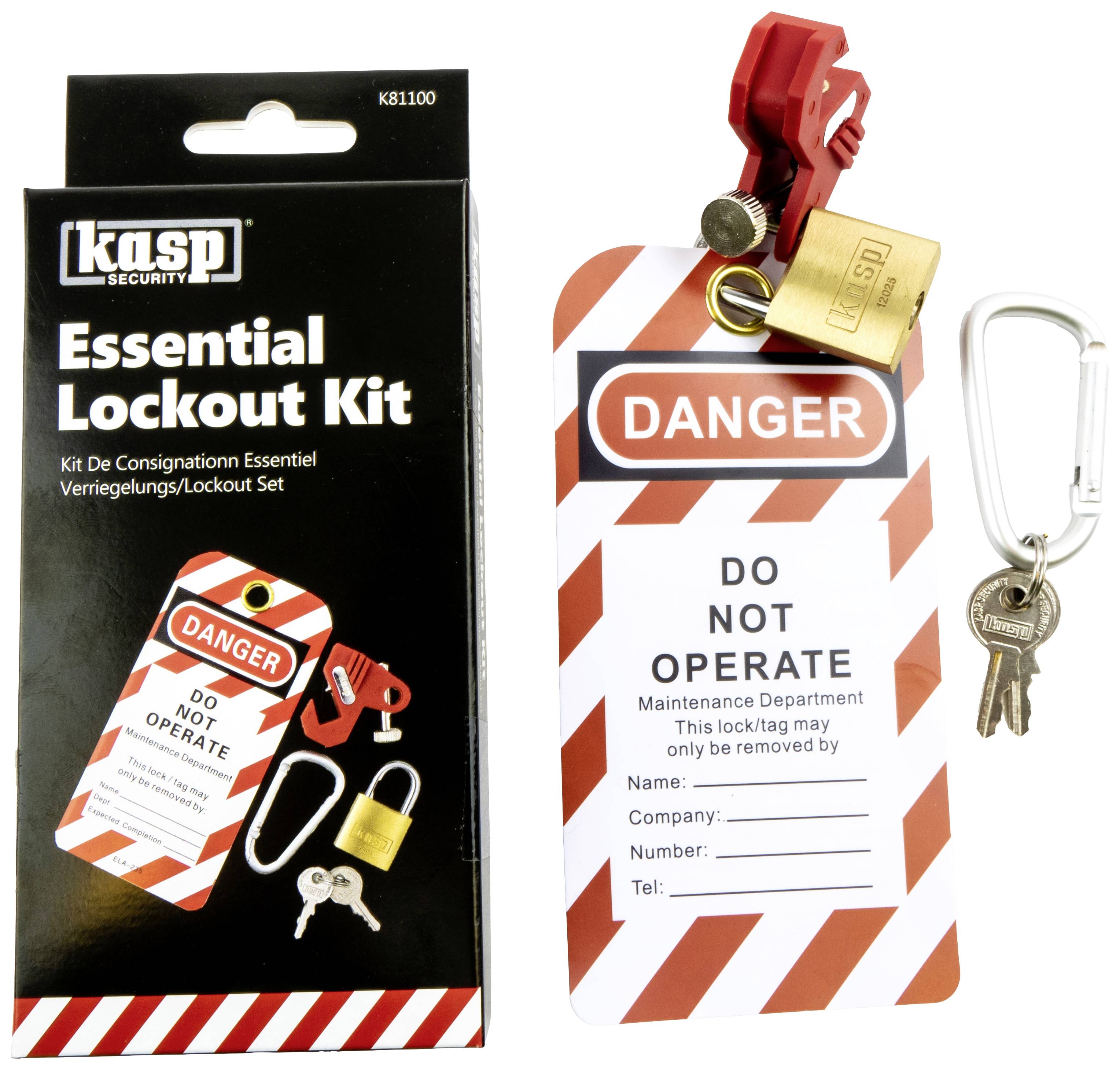 Kit de sécurité comprenant un panneau d'avertissement rouge et blanc portant l'inscription 'DANGER DO NOT OPERATE', un cadenas, une clé et un mousqueton. Emballage avec image identique.