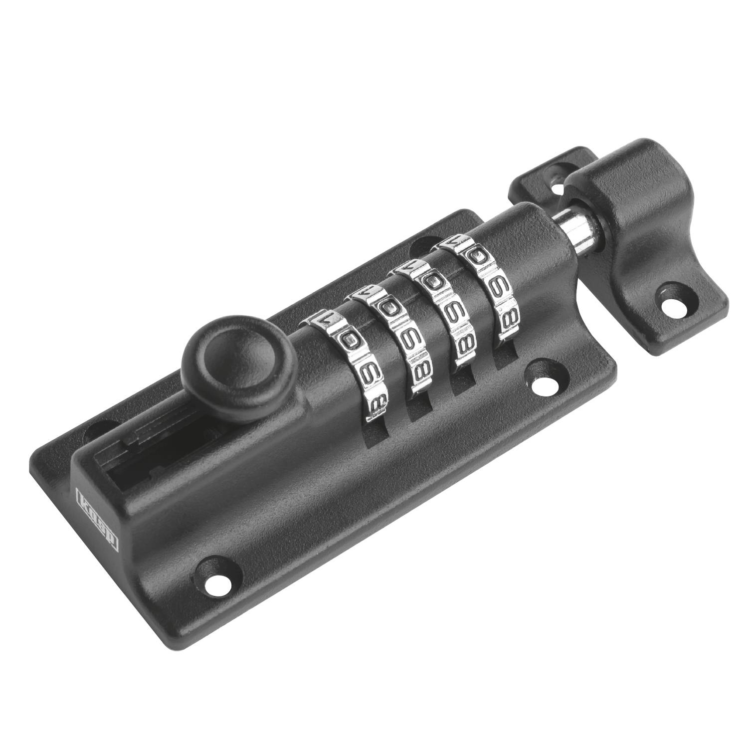 Cadenas noir à quatre roues numériques rotatives. Il est monté sur une surface pour assurer sa sécurité.