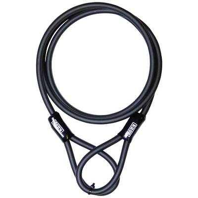 Un câble antivol noir placé en boucle, principalement utilisé pour sécuriser des objets tels que des vélos.