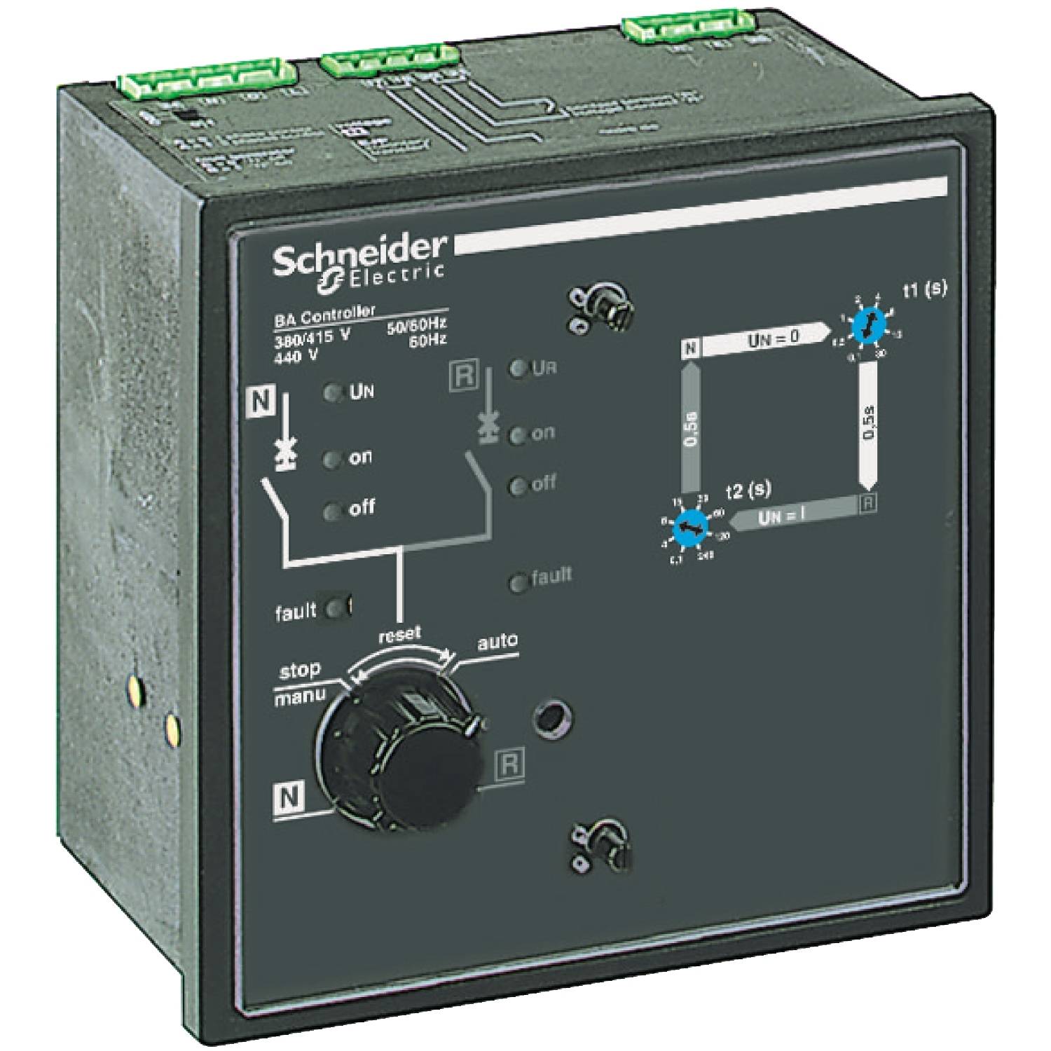 Un contrôleur BA électrique de Schneider Electric avec schéma de circuit et régulateurs pour le contrôle et l'ajustement des réglages de tension.