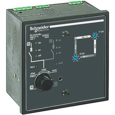 Un contrôleur BA électrique de Schneider Electric avec schéma de circuit et régulateurs pour le contrôle et l'ajustement des réglages de tension.