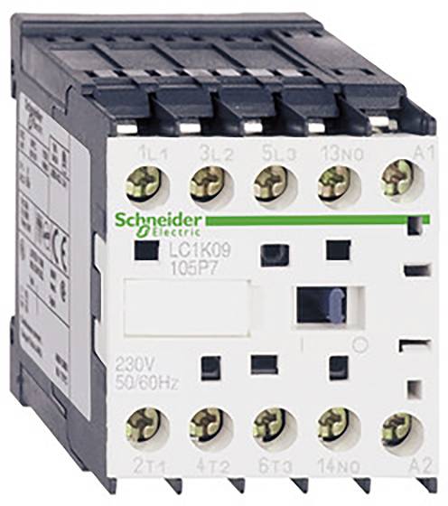 Un contacteur électrique blanc avec l'inscription verte 'Schneider Electric', numéro de modèle 'LC1K09', bornes de connexion visibles à l'avant.