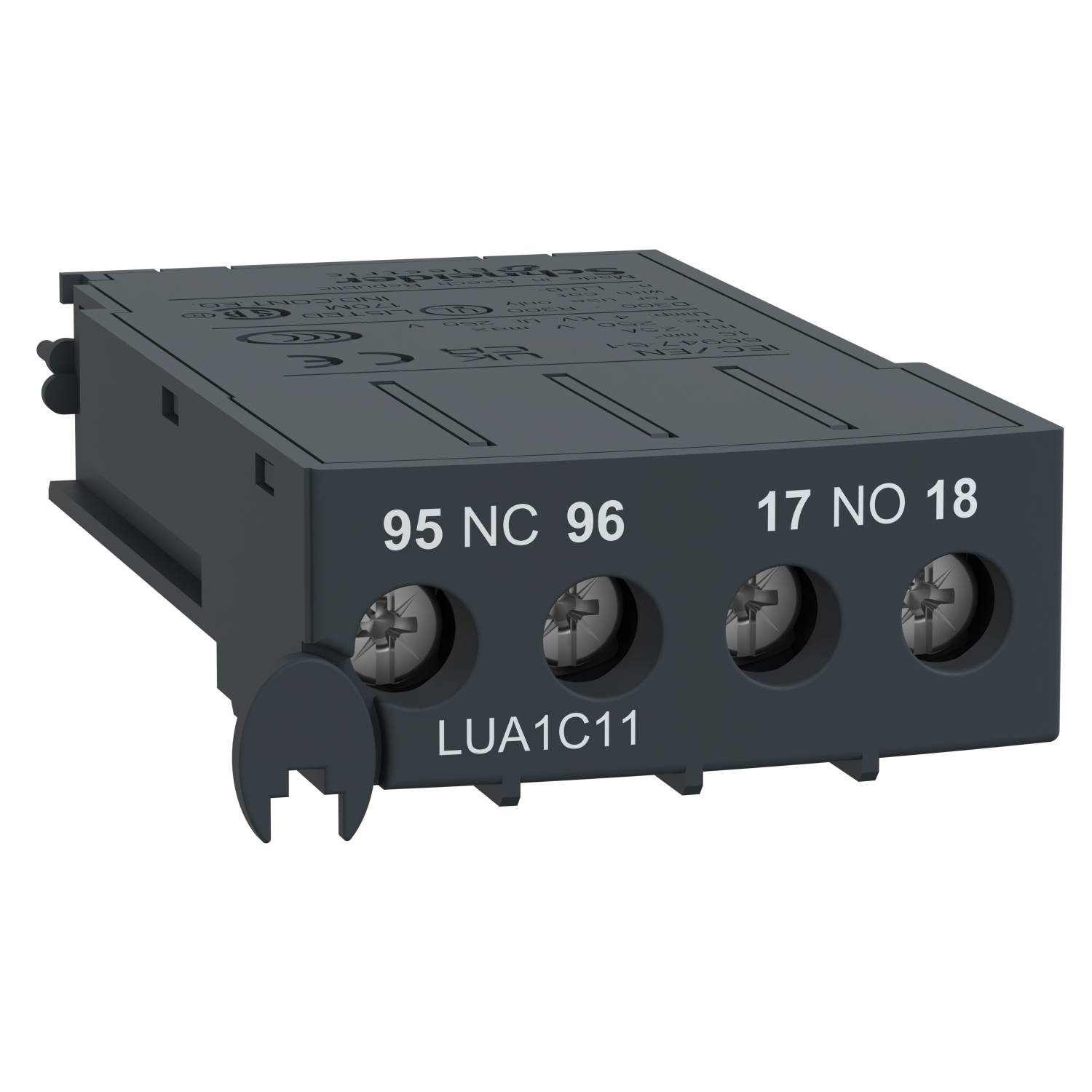 'Bloc de contacteurs auxiliaires Schütz LUA1C11, tripolaire, avec bornes à vis, inscription : 95 NC, 96, 17 NO, 18, pour applications industrielles.'