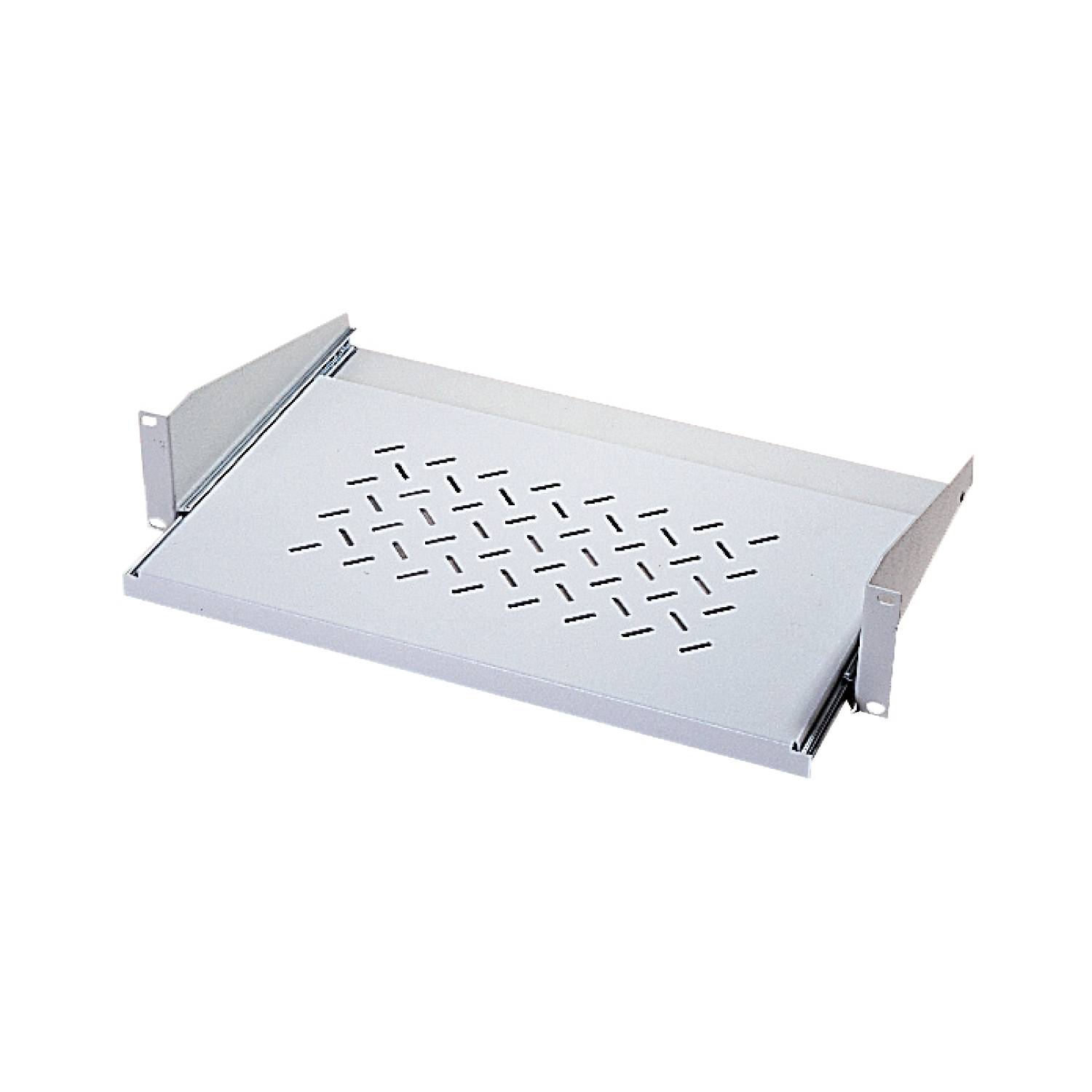 Une étagère en métal argenté, rectangulaire, avec des fentes de ventilation. Elle présente des bords relevés sur les côtés pour la fixation sur une surface.