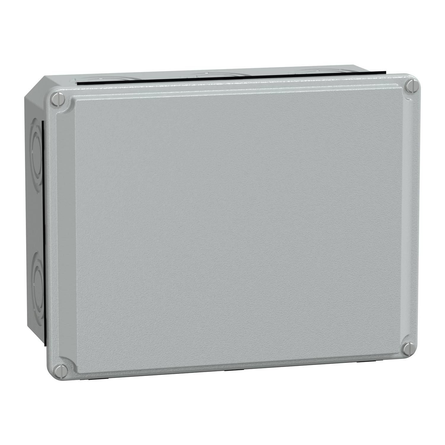 Un boîtier électrique rectangulaire gris avec des coins arrondis et des fermetures à vis aux angles, destiné à protéger des composants électriques.