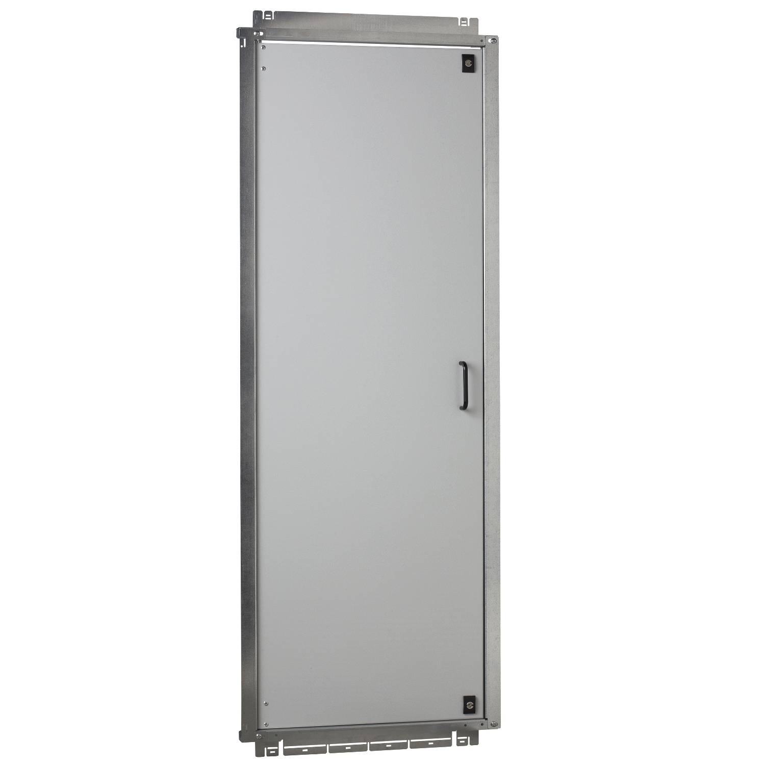 Porte en acier de forme rectangulaire, surface grise, cadre métallique et poignée sur le côté droit.