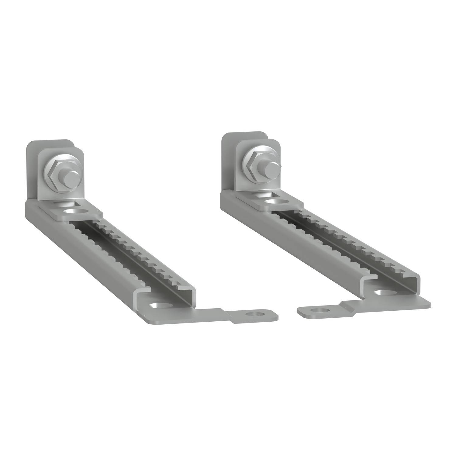 Deux équerres métalliques argentées avec des dents et des vis, destinées à la fixation de structures ou d'objets.