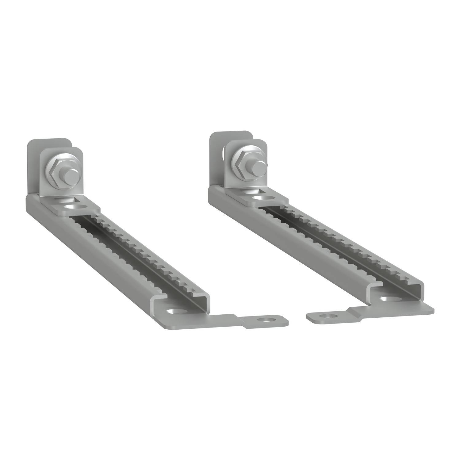 Deux supports métalliques gris avec des fixations à vis, placés côte à côte.