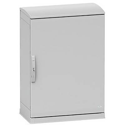 Armoire grise avec porte, de forme solide et rectangulaire. Adaptée aux installations extérieures ou au rangement d'équipements et de matériaux.