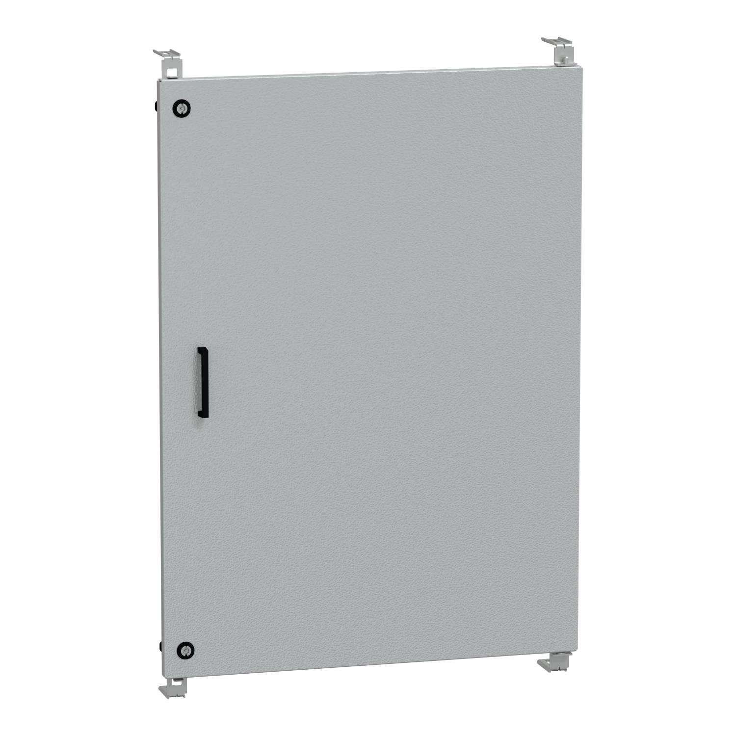 Un boîtier métallique gris avec des charnières noires et une poignée, probablement adapté pour une installation murale ou dans un placard.