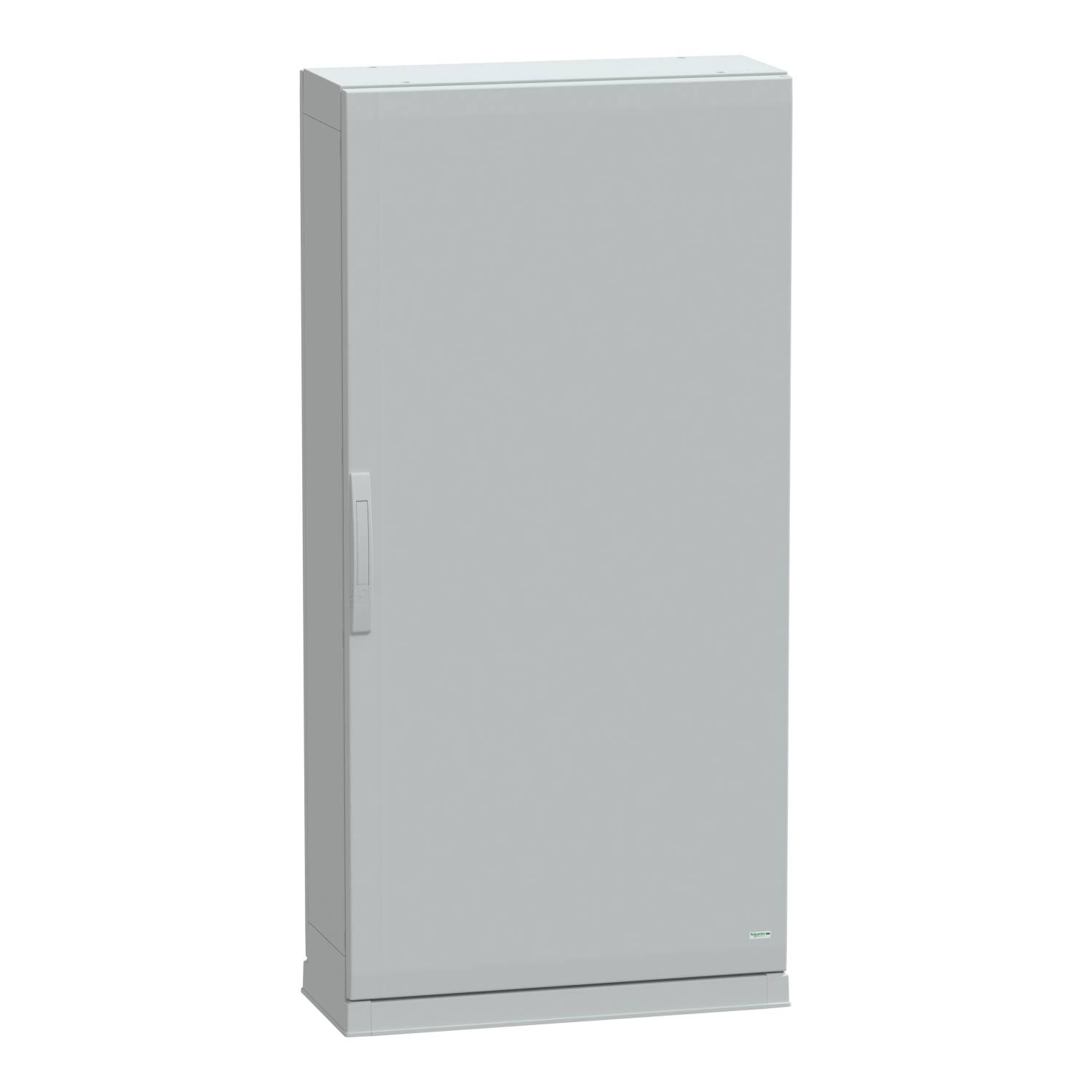 Un placard gris, rectangulaire, à surface lisse, avec une porte et une poignée simple, se tient seul sur un fond blanc.
