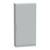 Un placard gris, rectangulaire, à surface lisse, avec une porte et une poignée simple, se tient seul sur un fond blanc.