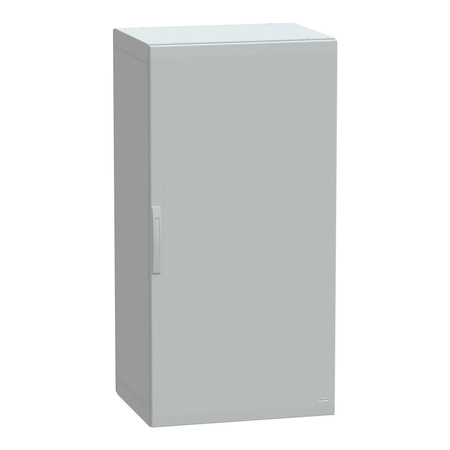 Armoire métallique grise, indépendante, avec une porte et un design simple et fonctionnel ; adaptée au rangement.