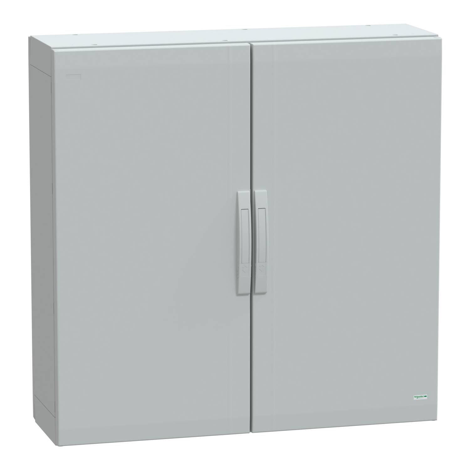 Un armoire métallique grise à deux portes, fermée. Design épuré, adaptée au rangement dans les ateliers ou les garages.